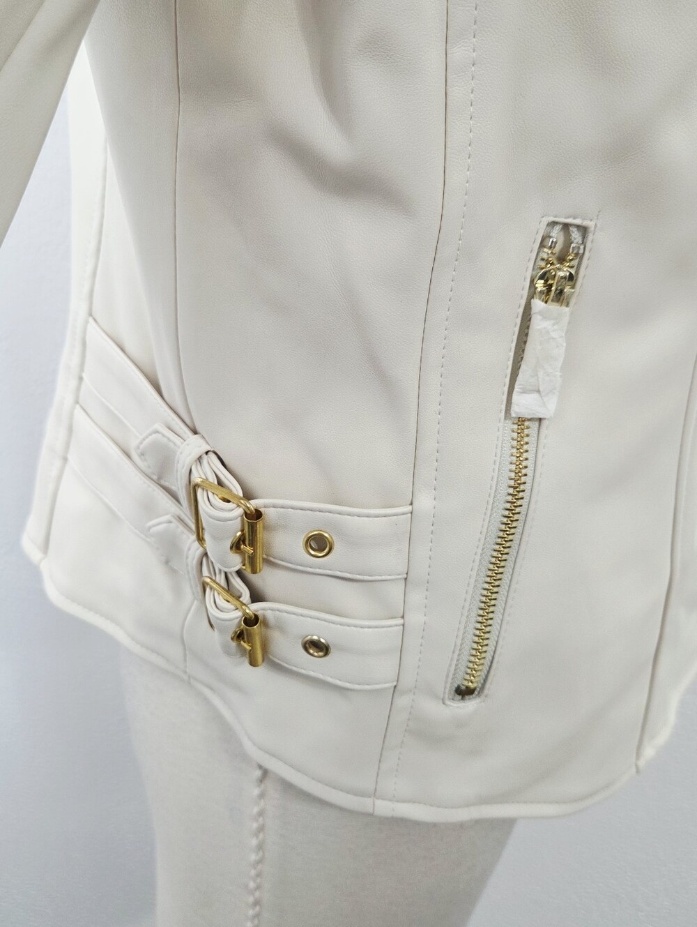 Chelsea Deboer cream faux leather biker jacket gold studded moto women's XL new - Picture 5 of 8